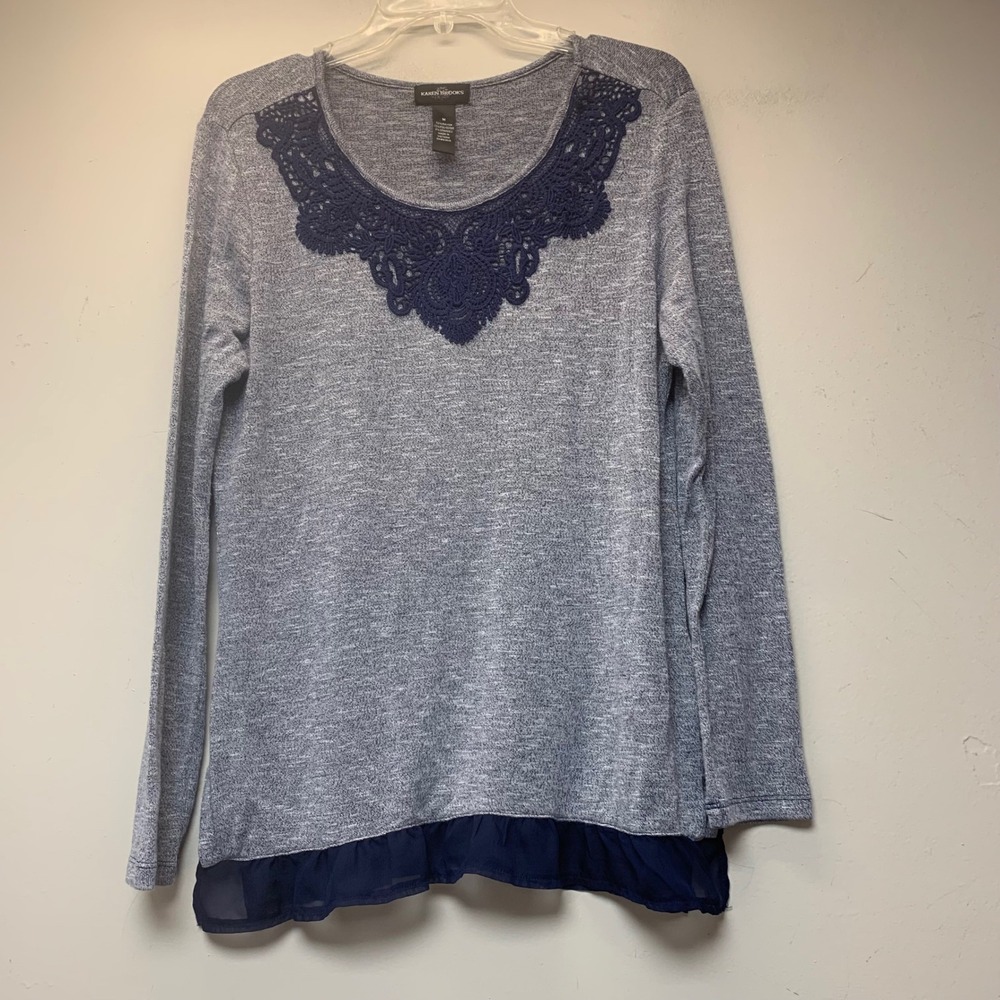 Karen Brooks Knit Top Womens M Blue Excellent Lace Trim Chiffon Hem Tunic